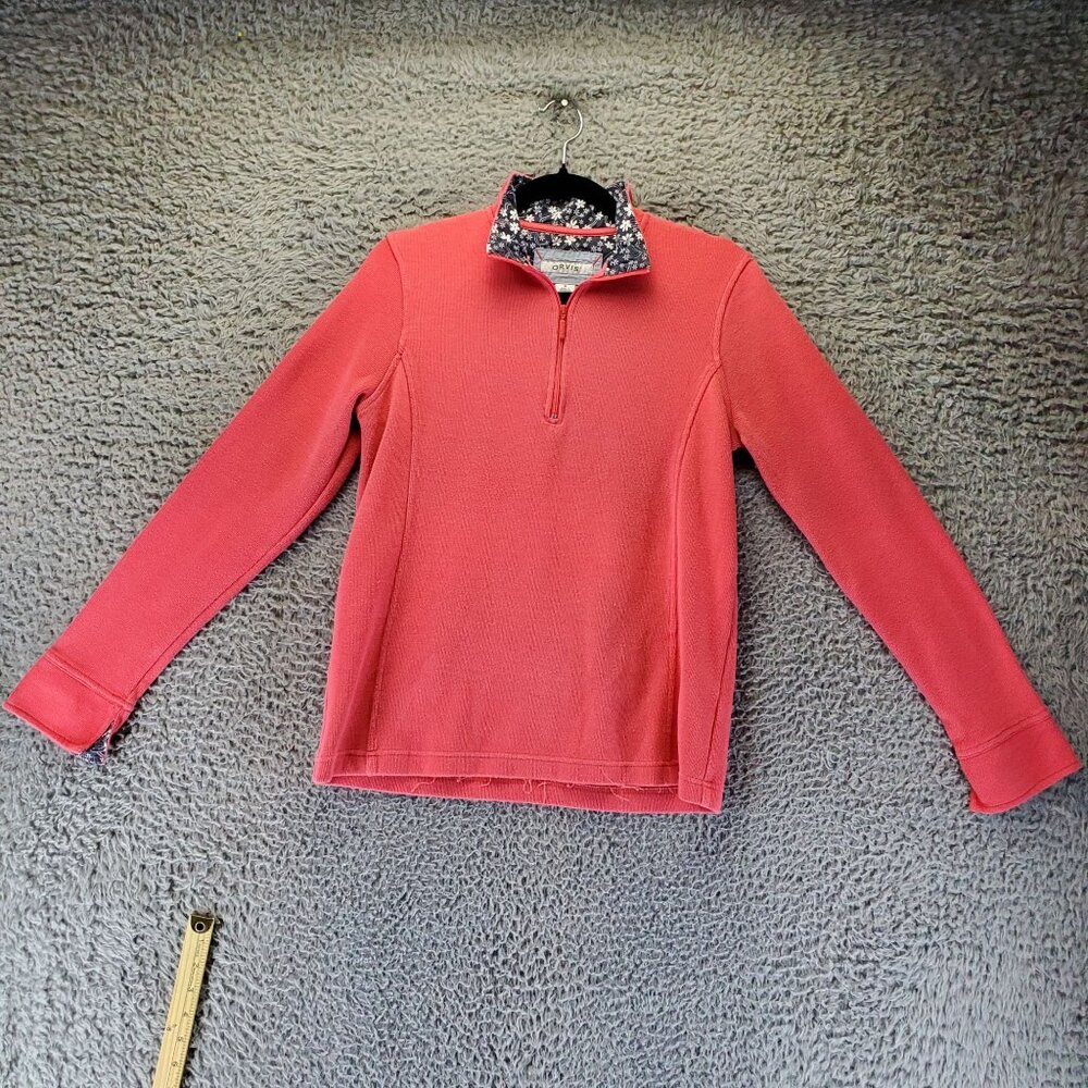 Orvis Sweater Womens Medium Coral Pink Quarter-Zip Floral-Collar Pullover